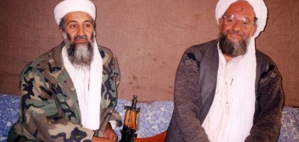 397285 02: UNDATED PHOTO Osama bin Laden (L) sits with his adviser Ayman al-Zawahiri, an Egyptian linked to the al Qaeda network, during an interview with Pakistani journalist Hamid Mir at an undisclosed location in Afghanistan. In the article, which was published November 10, 2001 in Karachi, bin Laden said he had nuclear and chemical weapons and might use them in response to U.S. attacks. (Photo by Visual News/Getty Images)